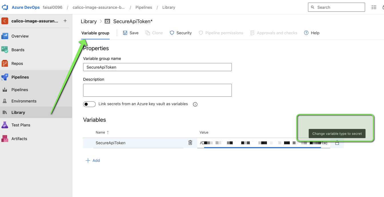 Screenshot of Azure DevOps Library showing how to set an API token as a secret variable named "SecureApiToken