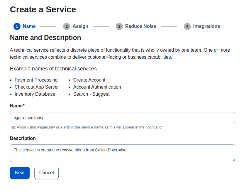Screenshot of service creation form showing "Integrations" step, highlighting AlertManager's integration with PagerDuty