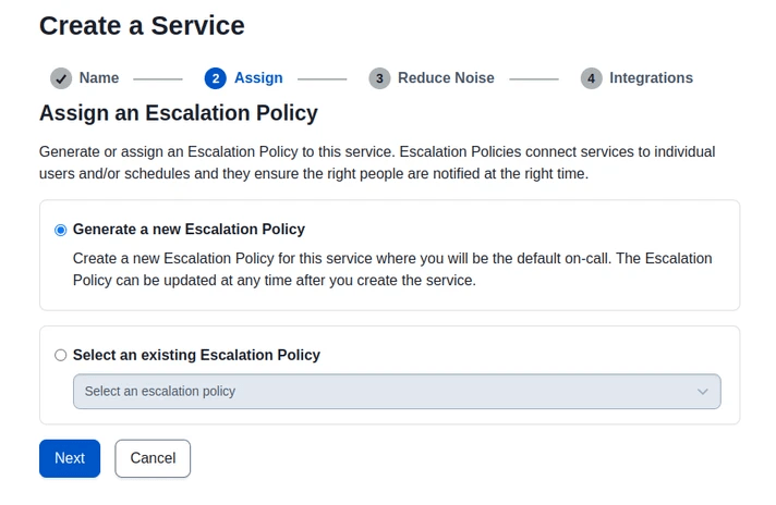 Screenshot of PagerDuty service creation, highlighting the "Integrations" step, showcasing AlertManager integration benefits