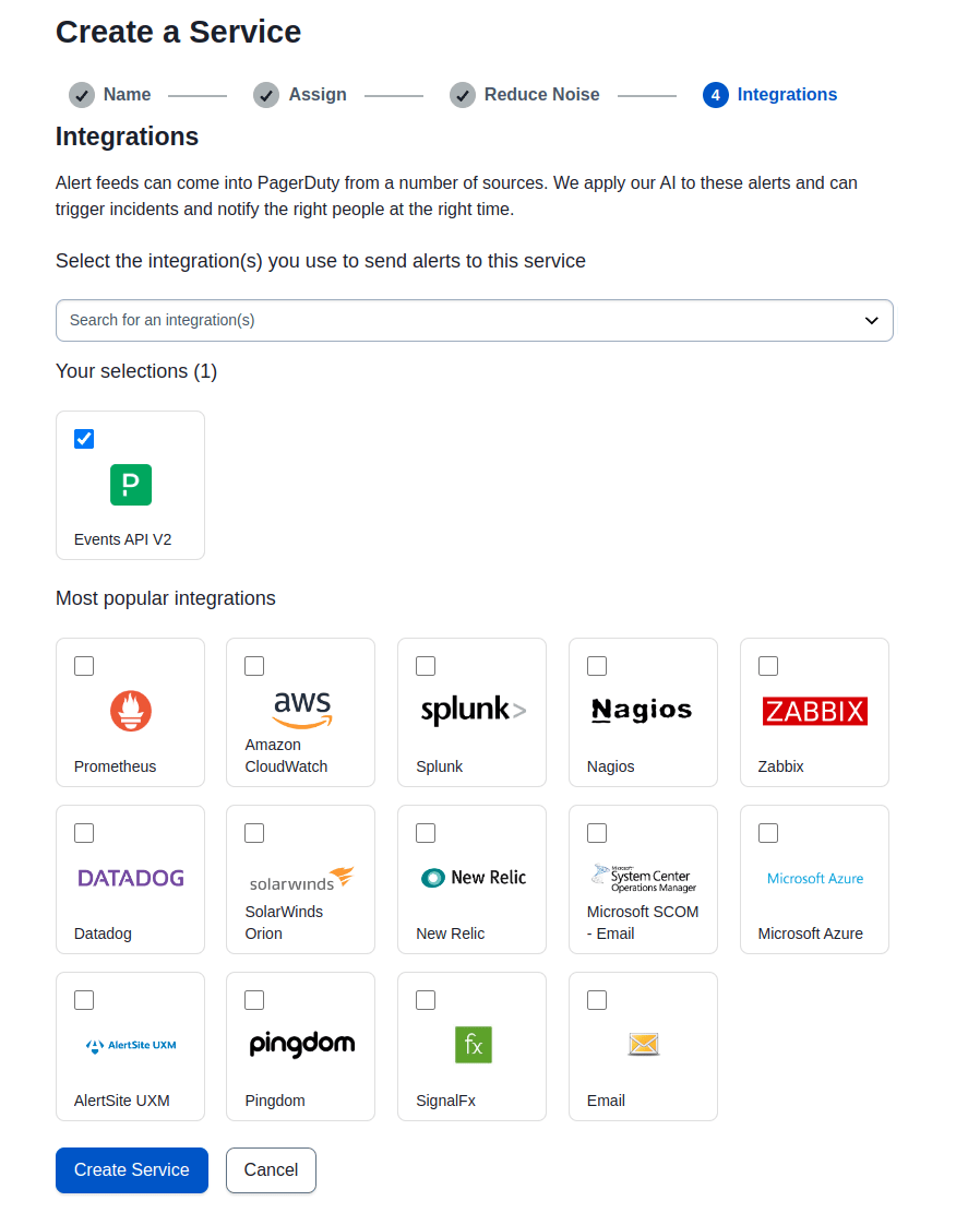 Screenshot showing PagerDuty's integration options with various monitoring tools, highlighting AlertManager integration