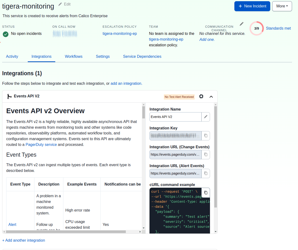 Screenshot showing AlertManager's PagerDuty integration setup, including API keys and URLs