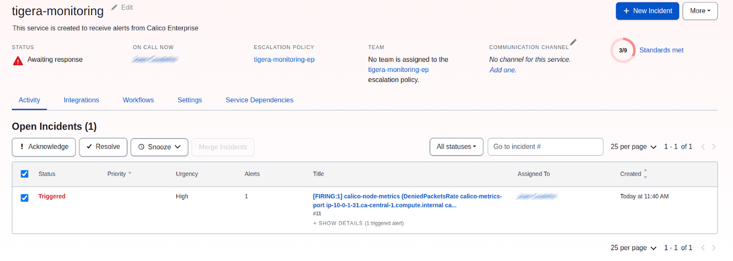 PagerDuty service showing a high-priority triggered alert from Calico Enterprise