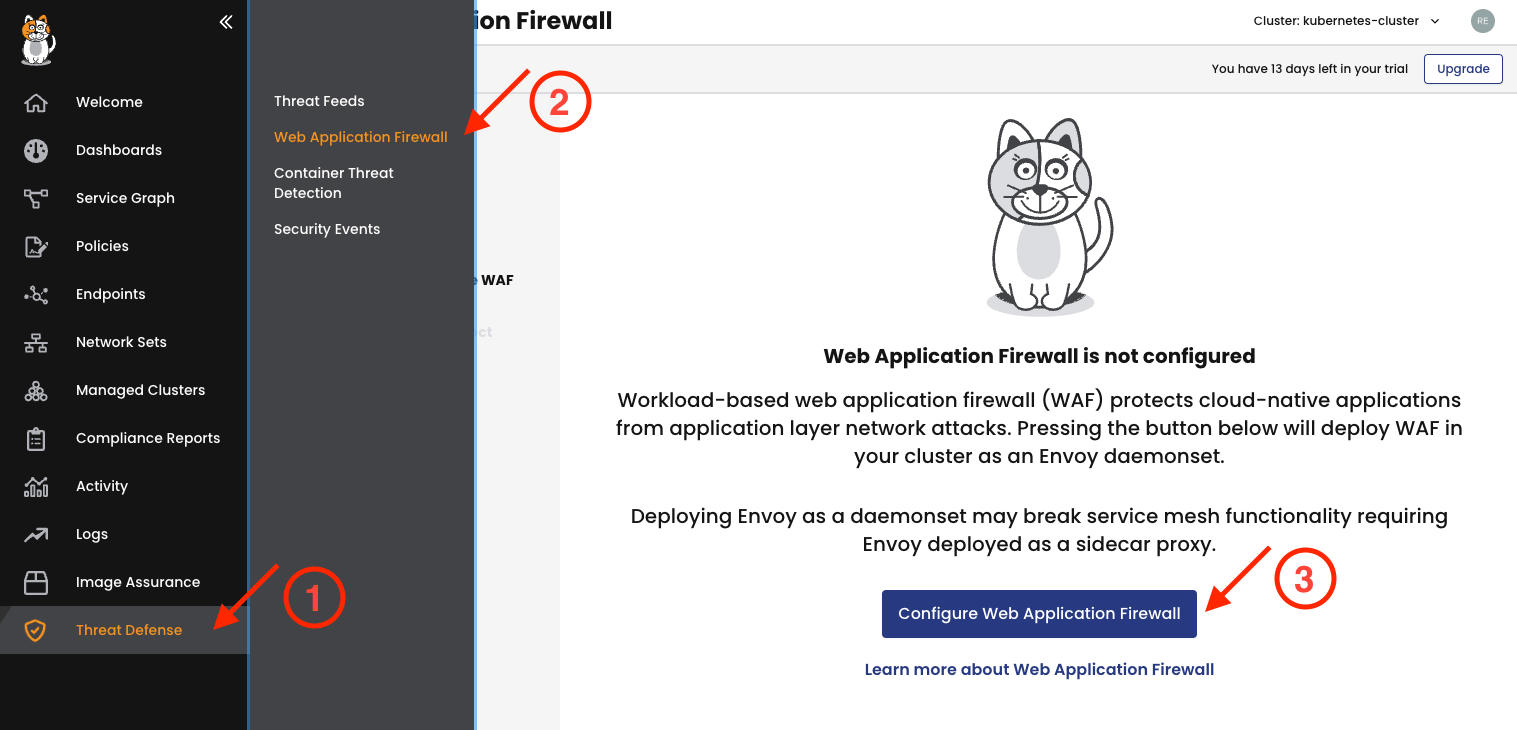 Screenshot showing how to enable Calico Web Application Firewall: navigate to Threat Defense, select Web Application