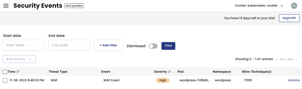 Calico UI screenshot showing a high-severity WAF event in the Security Events table, confirming a detected attack