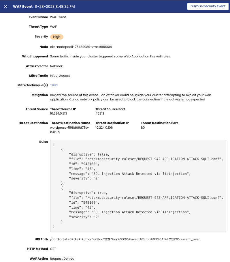 Screenshot of a WAF event details window showing attack information, including source/destination IPs and ports, and