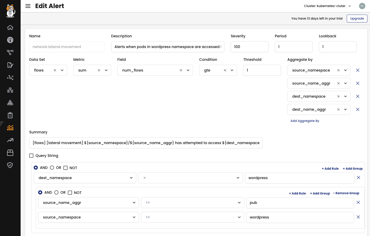 Calico alert configuration screenshot showing creation of a network policy violation alert for lateral movement to the