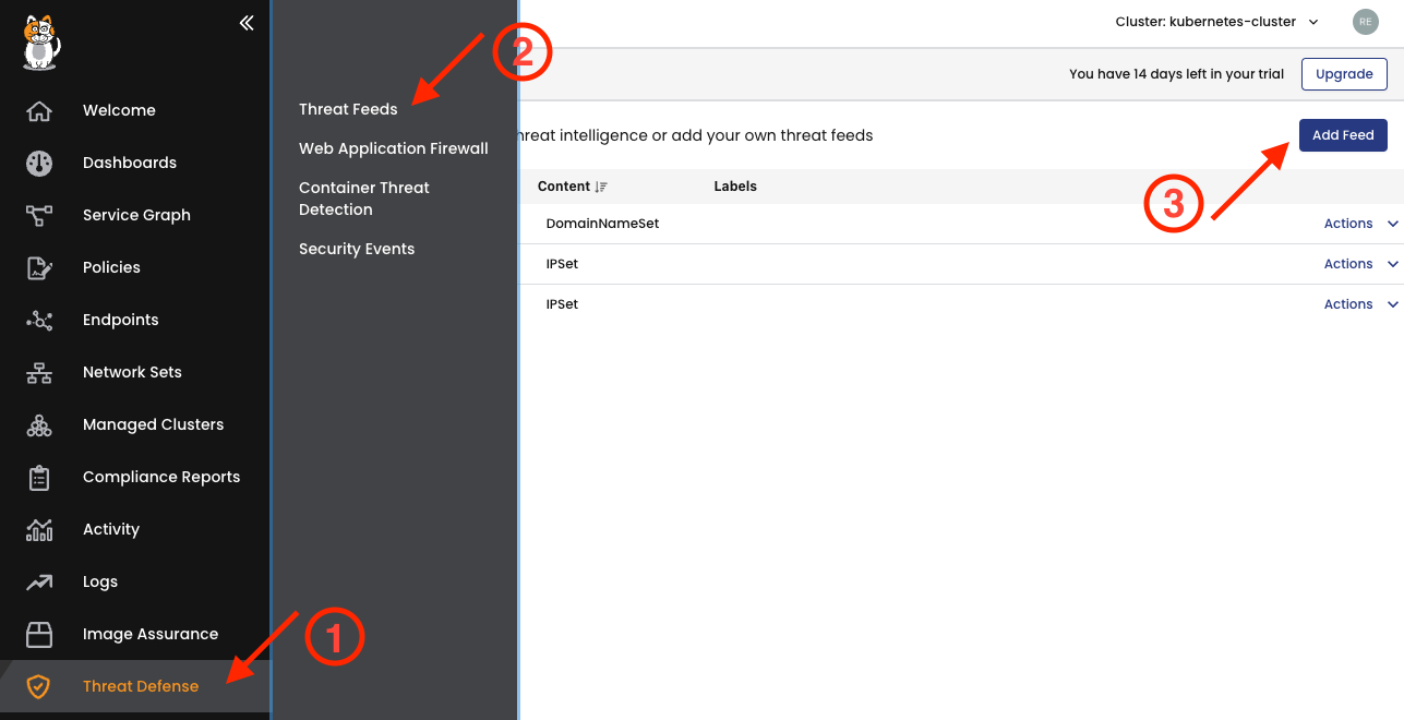 Calico UI screenshot: Steps to add a threat feed; select Threat Defense, then Threat Feeds, finally click Add Feed