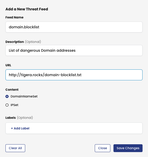 Calico UI screenshot: adding a "domain.blocklist" threat feed with URL and DomainNameSet content