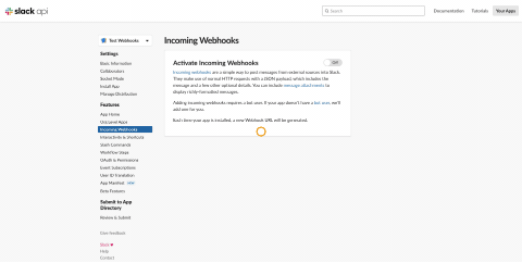 Screenshot of Slack API's Incoming Webhooks settings page, highlighting the importance of copying the webhook URL