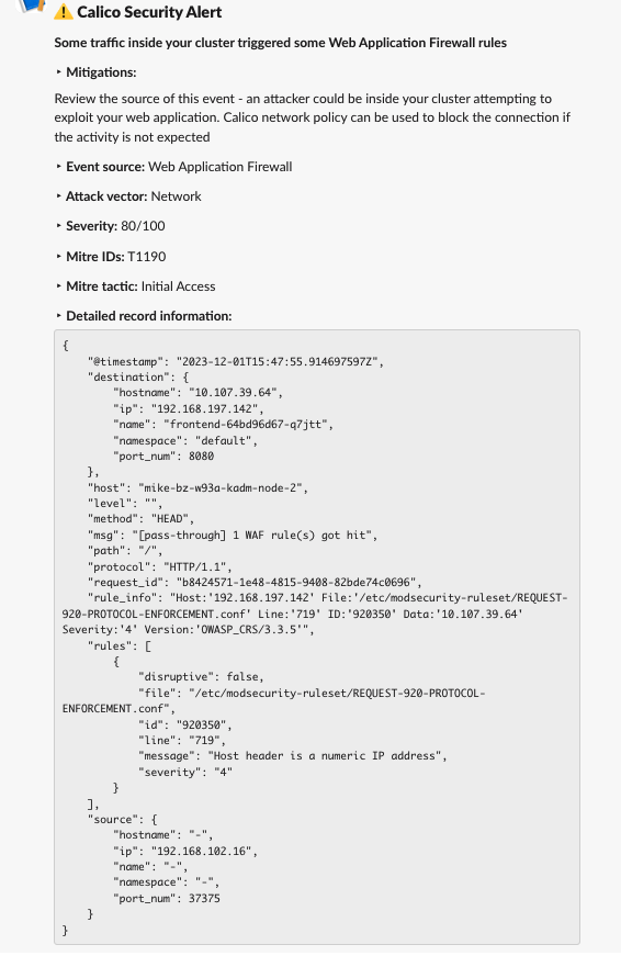 Slack alert: Calico security alert showing a Web Application Firewall rule triggered by internal traffic; details include