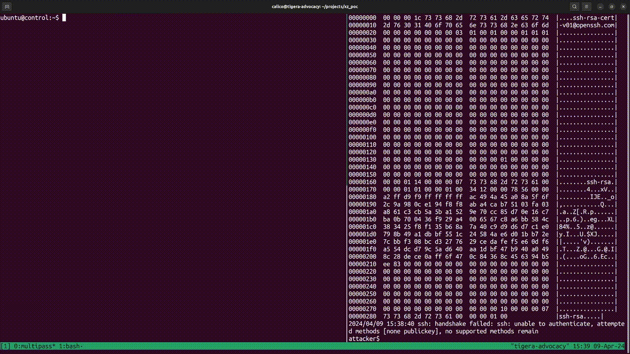Screenshot of terminal showing "handshake failed: EOF" error message, confirming successful exploit and presence of xz_proof