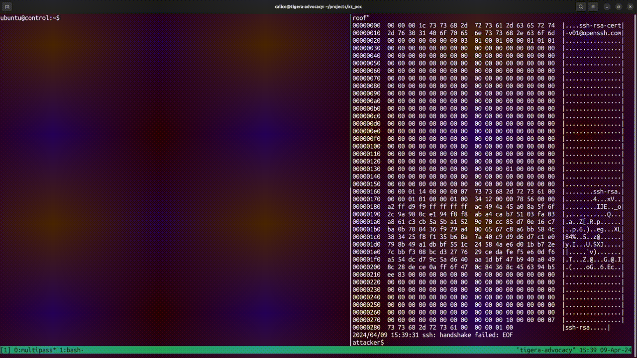 Screenshot showing a failed SSH handshake due to Calico hostendpoint policies blocking an xz/liblzma attack