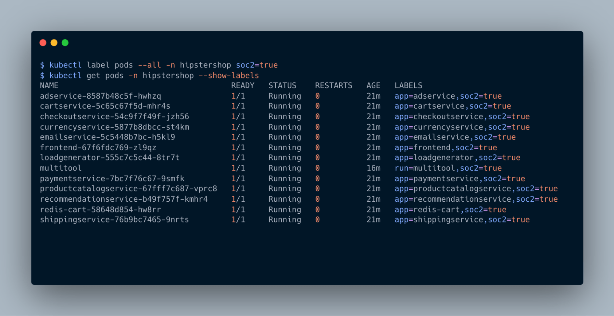 Kubernetes pods labeled with 'soc2=true' demonstrate dynamic, label-based selection for microsegmentation without