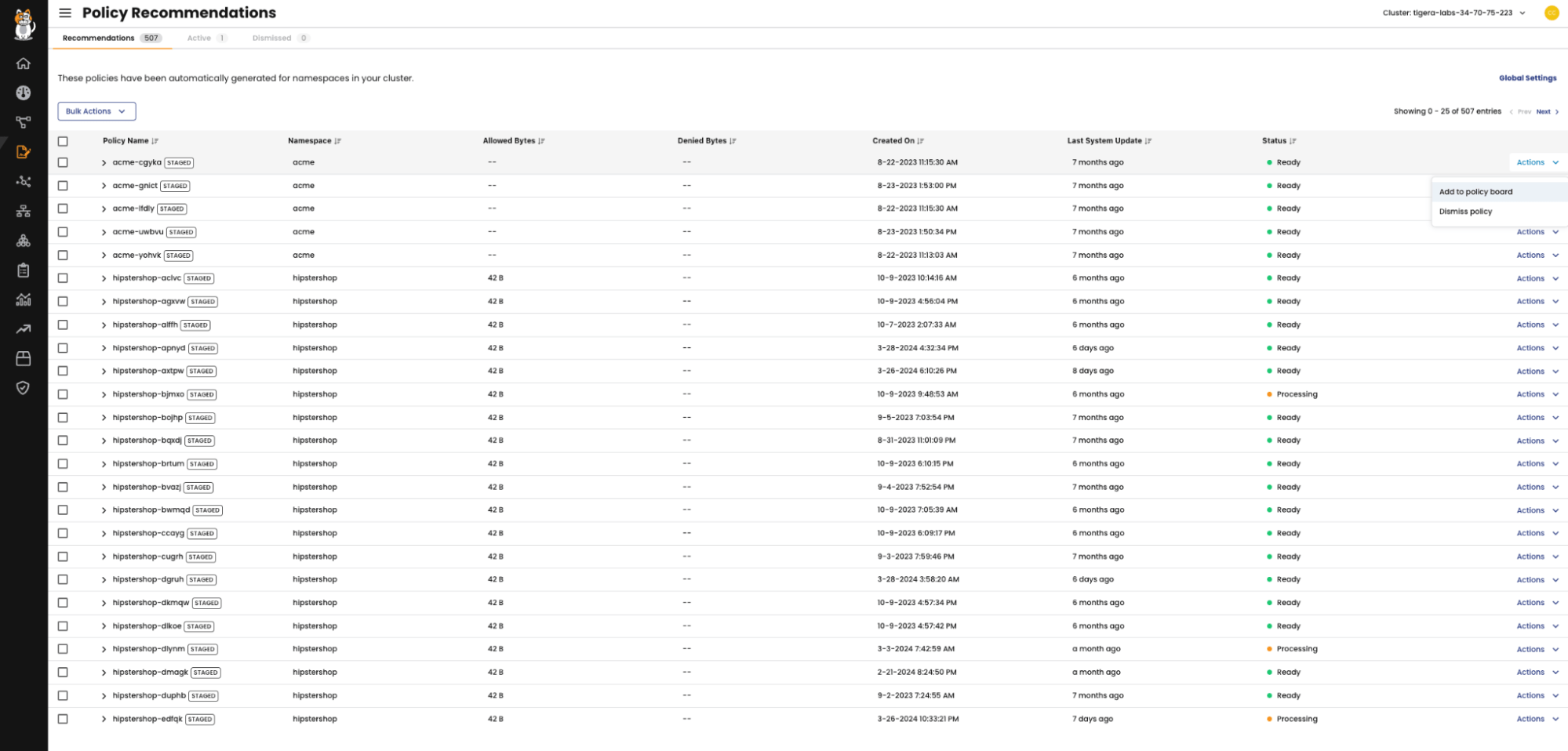 Policy recommendations list showing workload isolation by namespace, simplifying network security policy enforcement