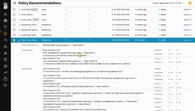 Screenshot of Calico policy recommendations showing egress rules, illustrating how networksets and DNS policies simplify