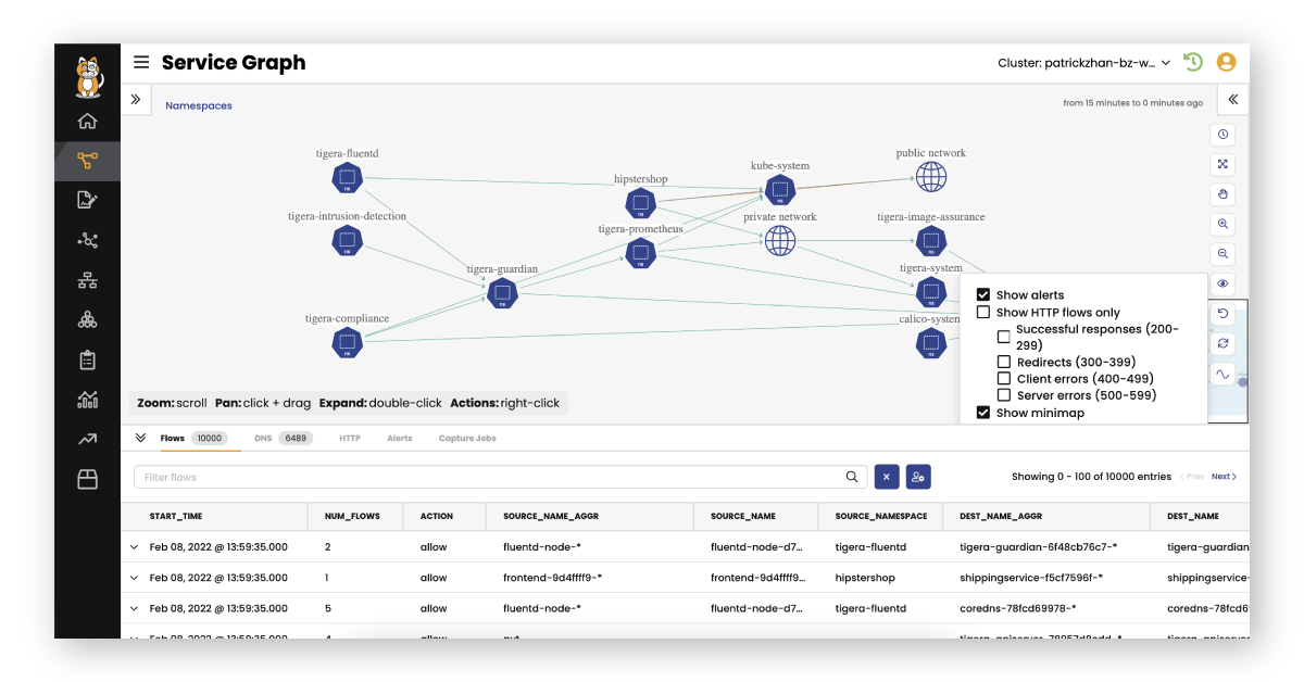Interactive service graph visualizing real-time network traffic flows, highlighting security policies and application