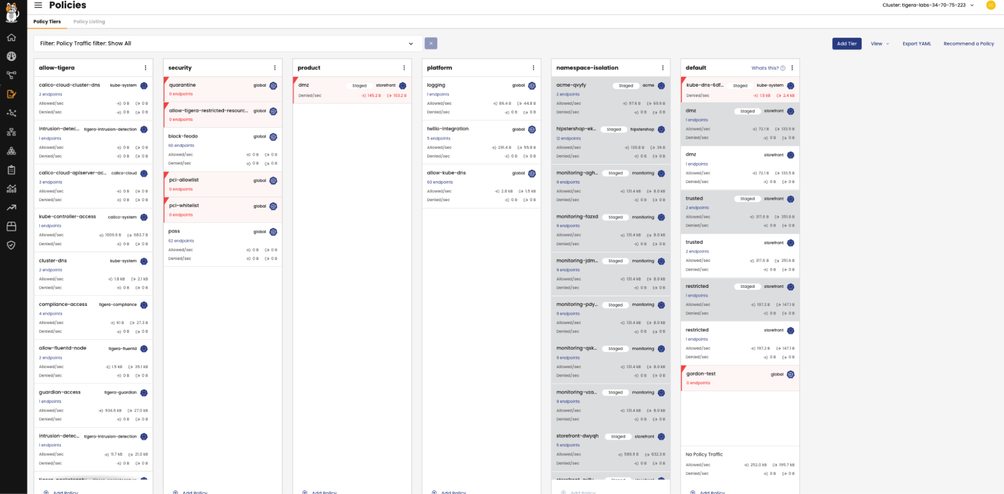 Calico's policy UI showing policy tiers, listing security, product, platform, namespace isolation, and default policies