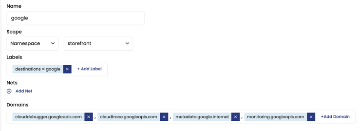 Fig 5: Example of a network set called ‘google’ which includes multiple domains within google.
