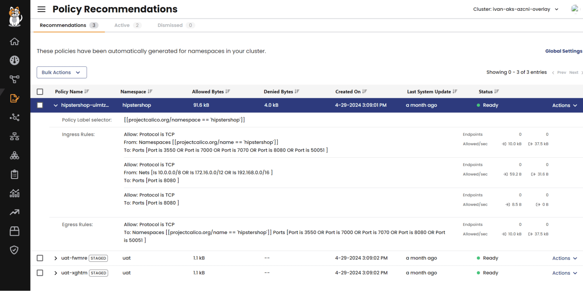 Calico policy recommendations UI showing 'STAGED' policies, indicating policy behavior without enforcement