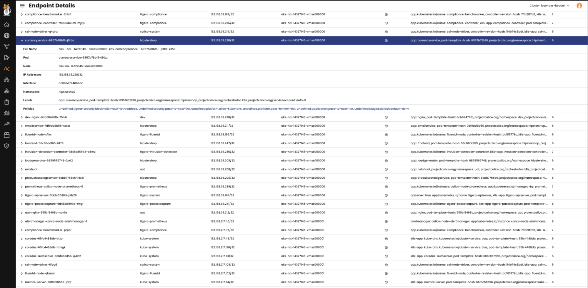 Calico Endpoint Details UI showing segmentation for KubeVirt VMs and containers in Kubernetes pods, leveraging HostEndpoint