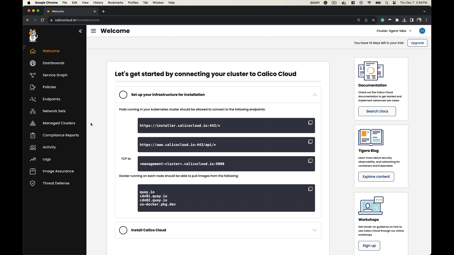 Calico Cloud connection setup instructions: shows required endpoints and Docker images for cluster installation