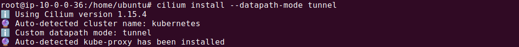 Cilium installation output showing tunnel datapath mode successfully configured on a Kubernetes cluster