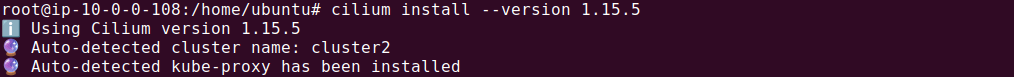 Cilium 1.15.5 installation output showing successful cluster and kube-proxy setup