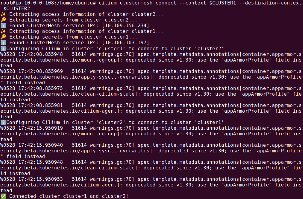 Cilium clustermesh connecting `$CLUSTER1` to `$CLUSTER2`; terminal output shows successful connection