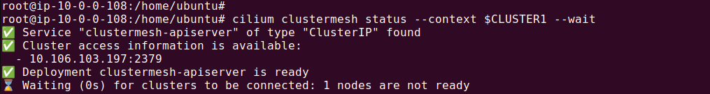 Cilium ClusterMesh status command output showing partial cluster readiness; 1 node not ready