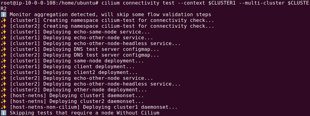 Cilium connectivity test output showing deployments across CLUSTER1 and CLUSTER2