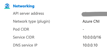 Azure Portal's Networking details showing the Service CIDR as 10.0.0.0/16