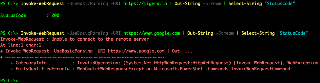 PowerShell output showing successful access to tigera.io but a connection error when accessing google.com