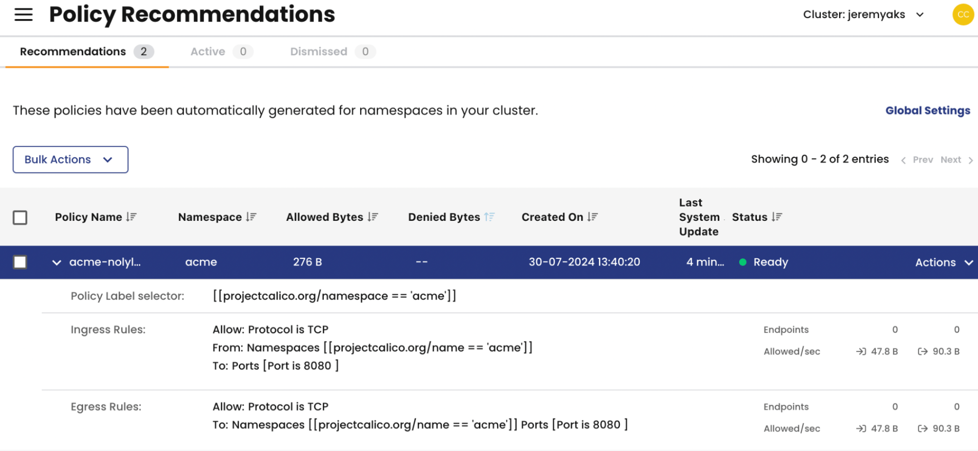 Screenshot of policy recommendations for microsegmentation, showing automatically generated policies for namespace isolation
