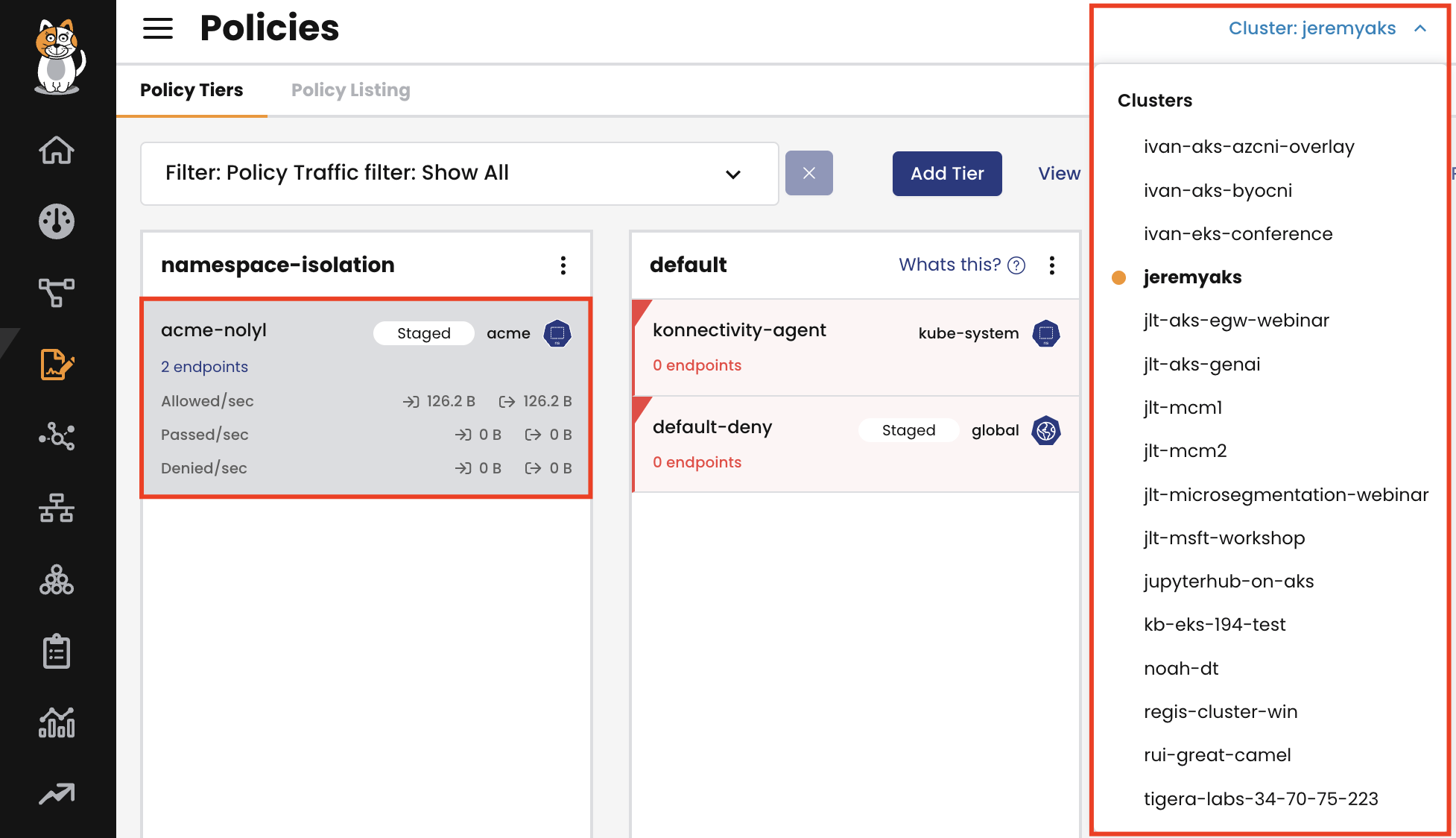 Screenshot of multi-cluster management UI showing policy status across different Kubernetes clusters, easily selectable via