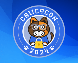 CalicoCon 2024 logo: A cartoon cat with glasses and a padlock, promoting the Salt Lake City event