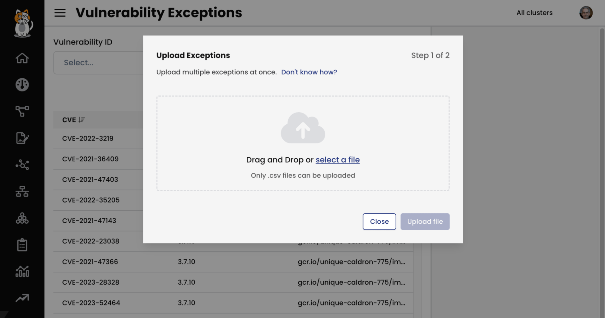 Screenshot of a vulnerability management tool allowing bulk upload of CSV files to streamline exception handling, improving