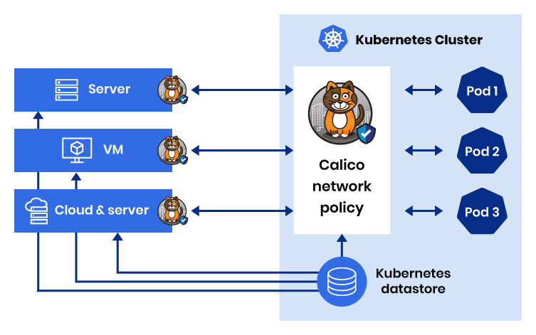 Diagram showing Calico's network policy unifying Kubernetes and non-Kubernetes workload flow log aggregation