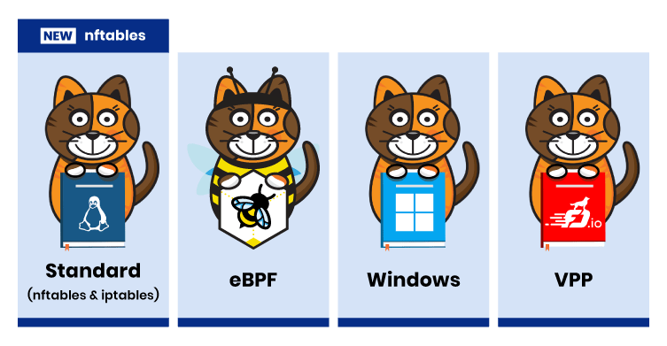 Calico cat icons representing different dataplanes: nftables/iptables, eBPF, Windows HNS, and VPP, illustrating Calico's
