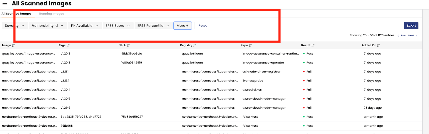 Screenshot of Calico's 'All Scanned Images' page, highlighting EPSS Score and Percentile filters for vulnerability