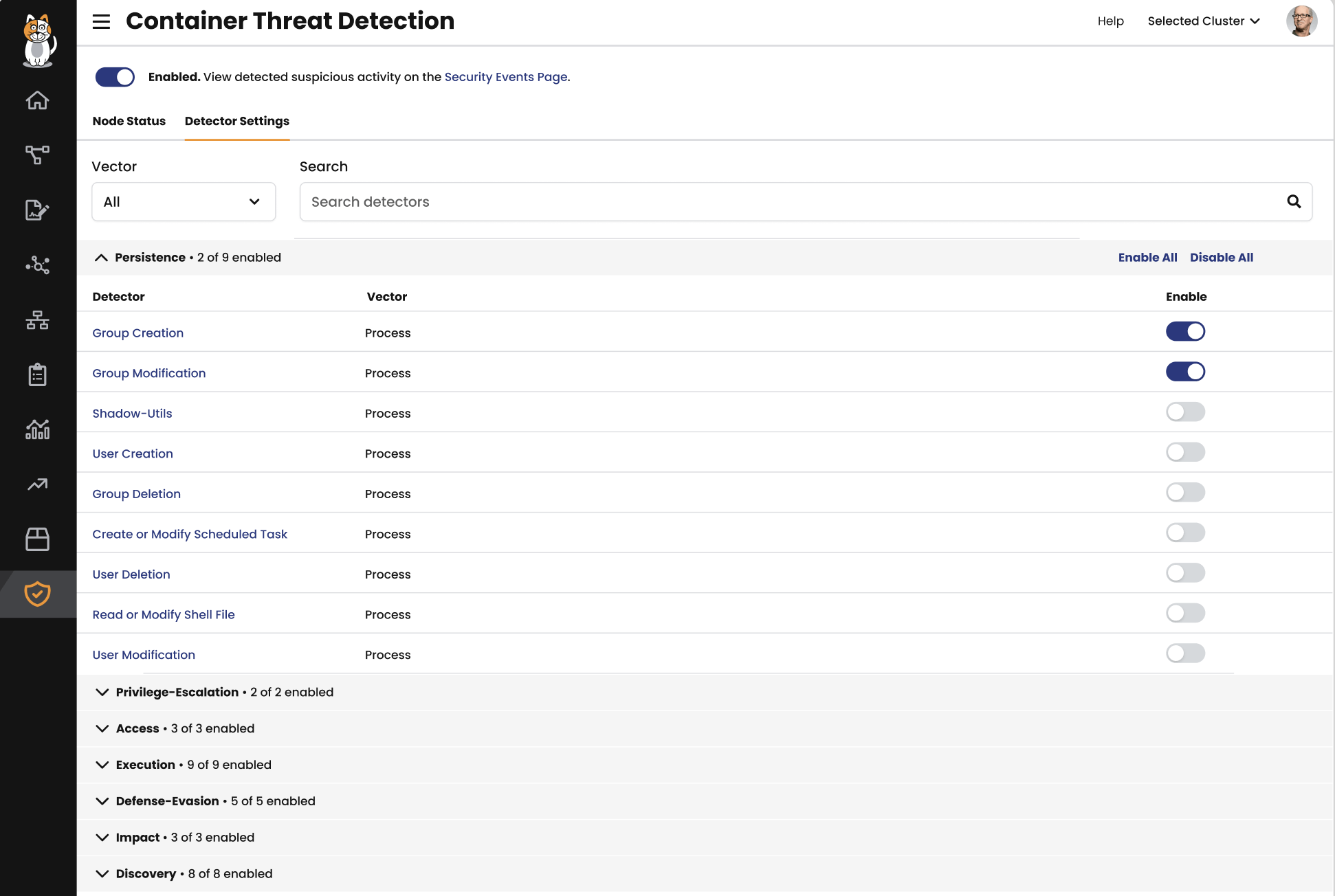 Calico Cloud's Detector Settings screen, showing detector types mapped to MITRE ATT&CK tactics, with enable/disable toggles