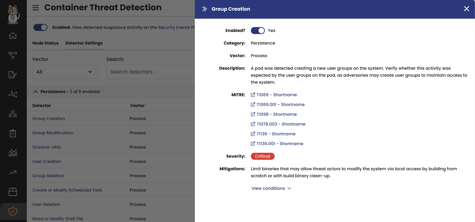 Screenshot of Container Threat Detection settings, showing customizable threat detection rules and severity levels