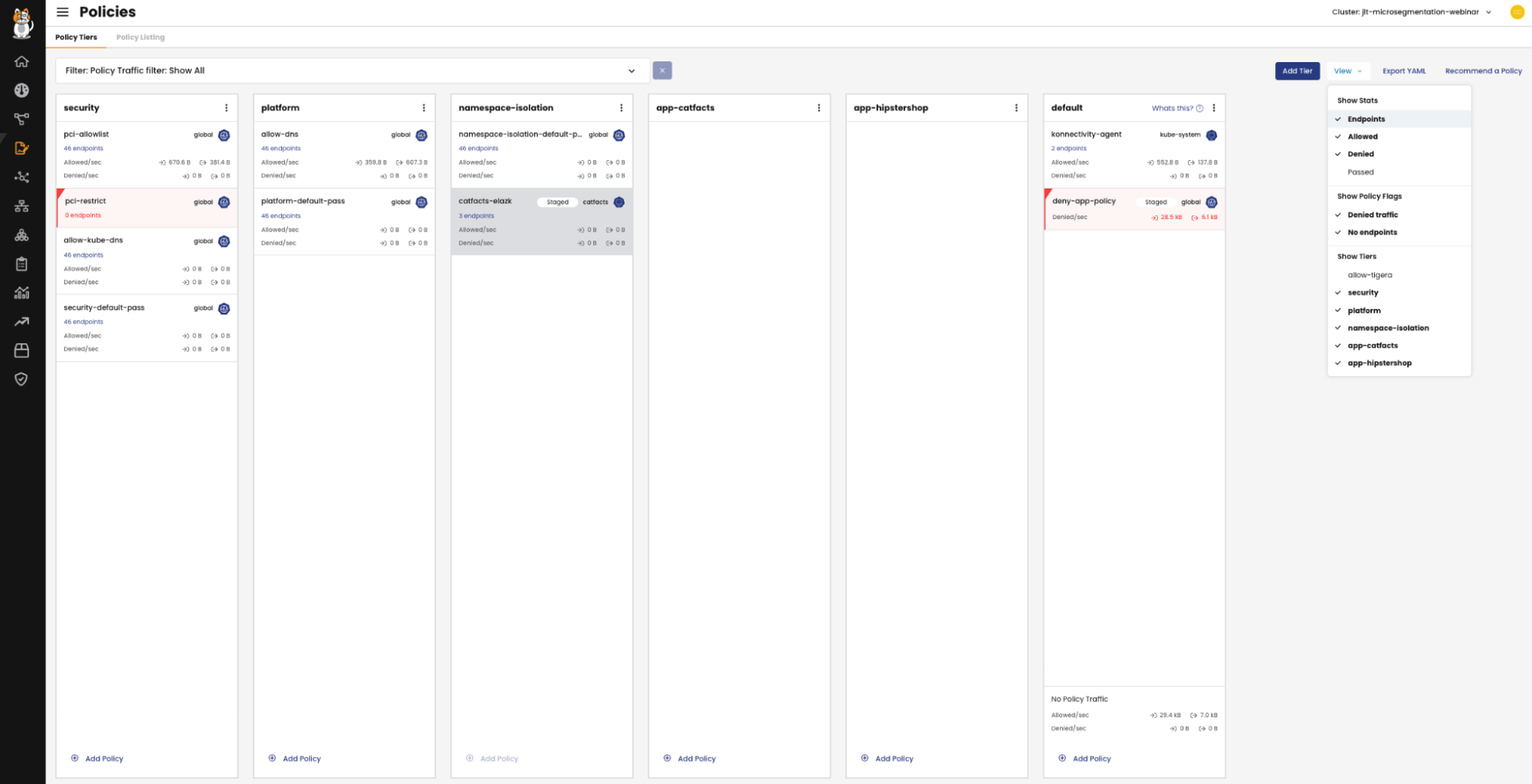 Calico policy tiers in open source: UI showing policy tiers like security, platform, namespace-isolation, app-catfacts, and
