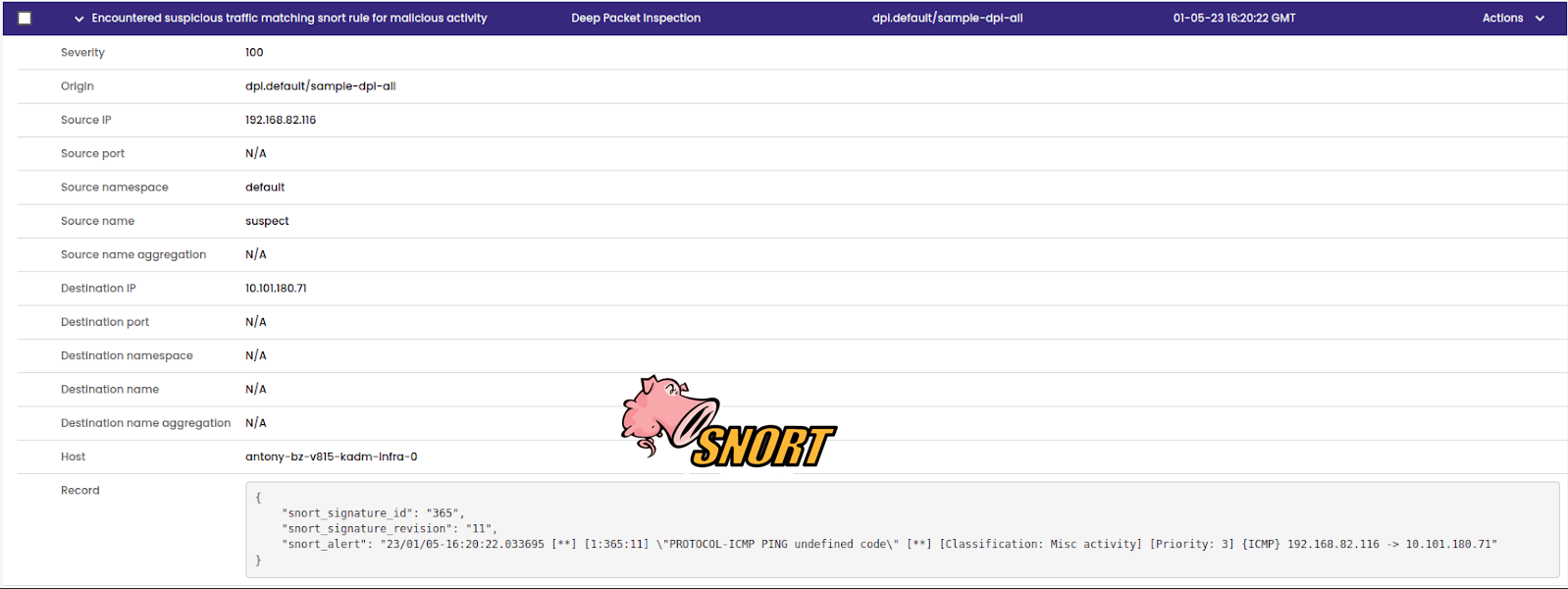 Calico's Snort integration: UI showing suspicious traffic flagged by a Snort rule, illustrating threat detection
