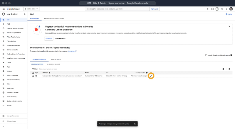 Google Cloud Console IAM page showing how to associate an IAM service account with a role