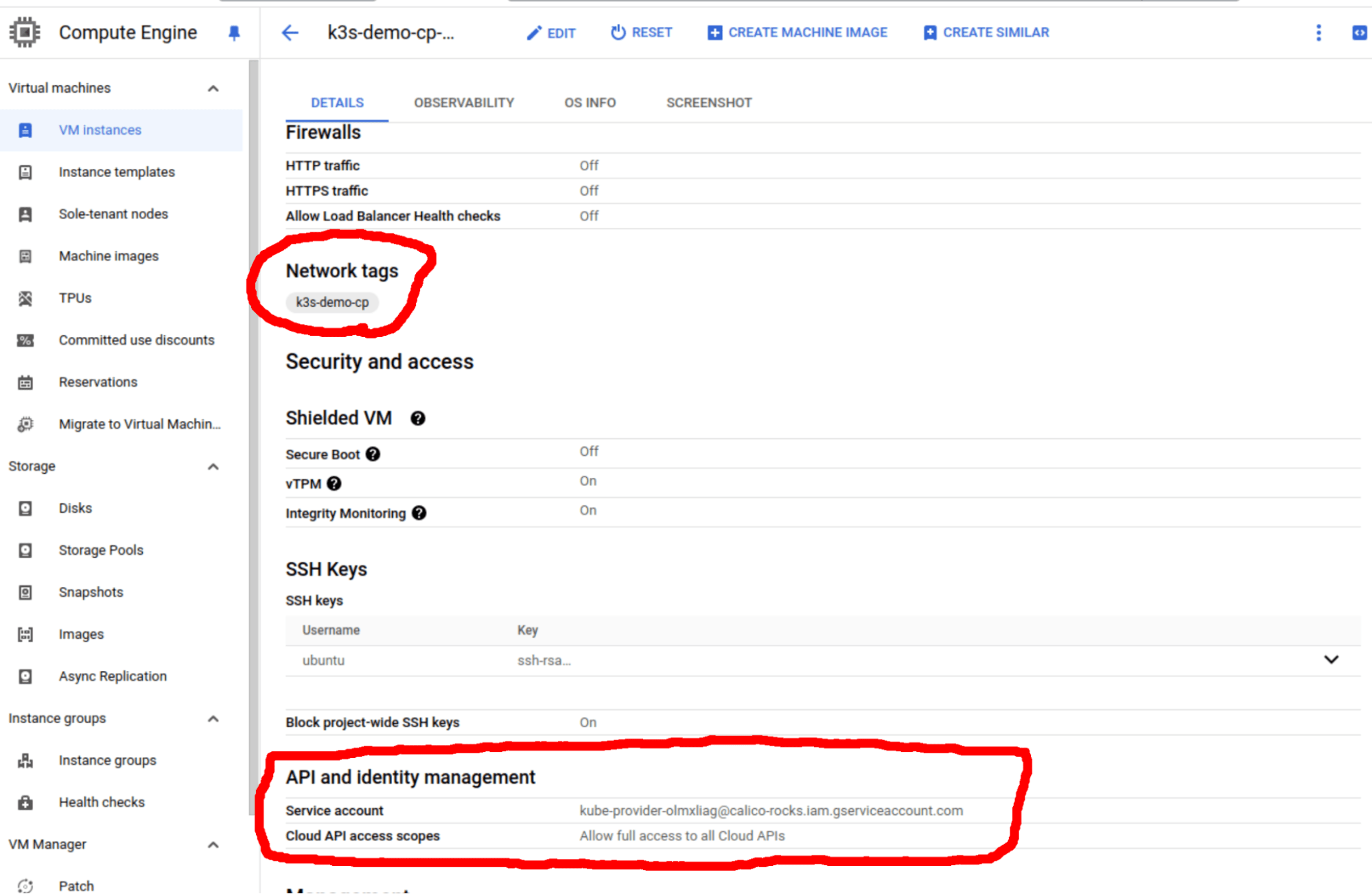 GCP VM instance settings showing network tag assignment and newly created service account selection in API identity