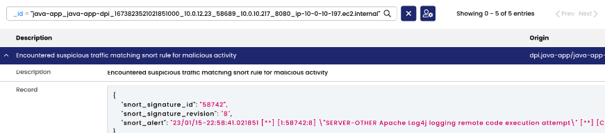 An example of an alert generated by Calico DPI. In this alert, you can see the Snort signature ID, signature description, and relevant information.