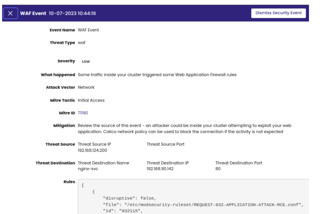 An example of a Calico Web Application Firewall (WAF event). Detailed information is included to enable analysis and response.