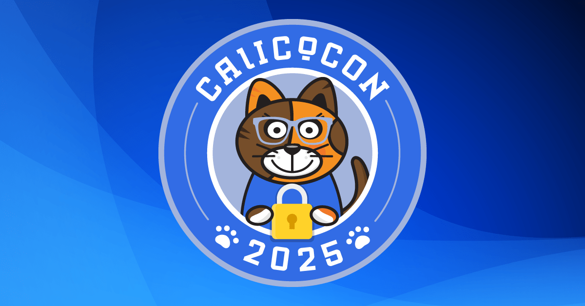 CalicoCon 2025 logo: A cartoon cat with glasses and a padlock, encouraging registration with KubeCon + CloudNativeCon