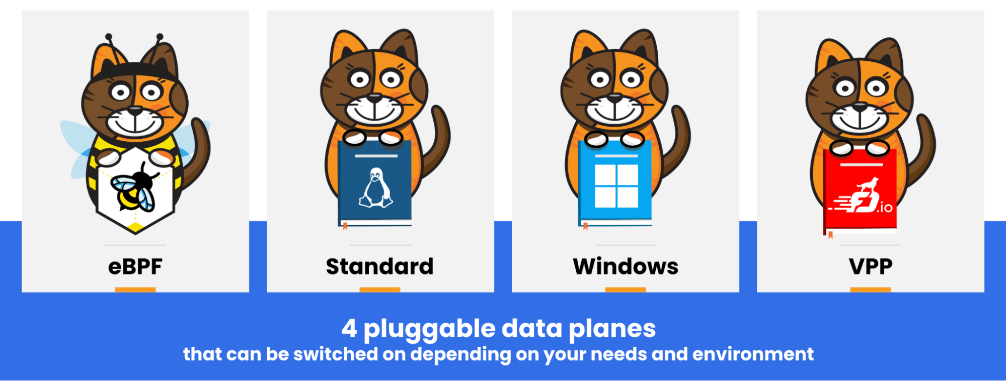 Cartoon cats representing eBPF, Standard (Linux), Windows, and VPP as pluggable data planes