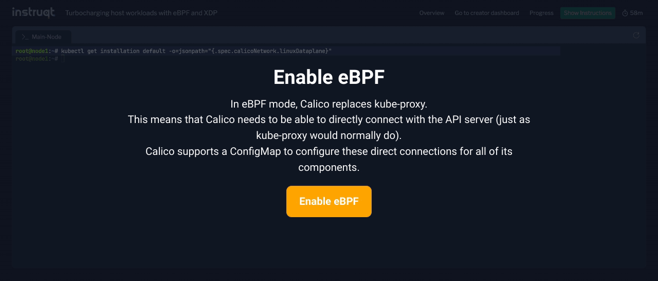 Terminal showing the command to configure the data plane mode to eBPF. A prompt to enable eBPF is displayed